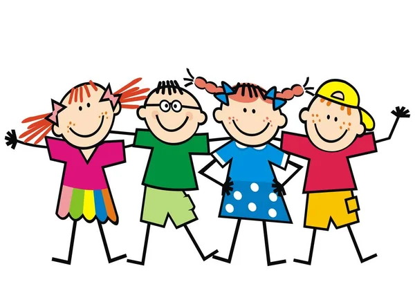 Patru Copii Fericiți Fete Băieți Ilustrație Vectorială Culoare Amuzantă Fundal — Vector de stoc