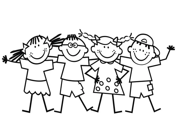 Négy Boldog Gyerekek Lányok Fiúk Vicces Fekete Vektor Illusztráció Kontúr — Stock Vector