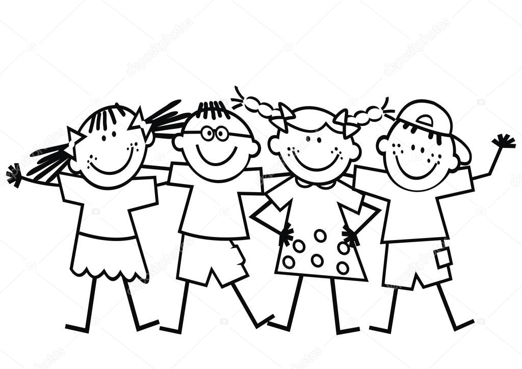Four happy kids, girls and boys, funny black vector illustration, contour drawing on white background