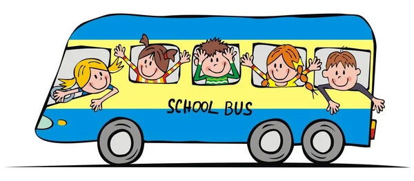 Blue Bus School Children Funny Vector Illustration Group Happy Kids — Stok Vektör