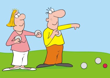 petanque, man and woman playing petanque, funny vector illustration clipart