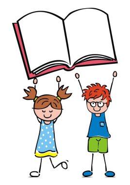 Kitaplı küçük kız ve oğlan, komik vektör kavramsal illüstrasyon