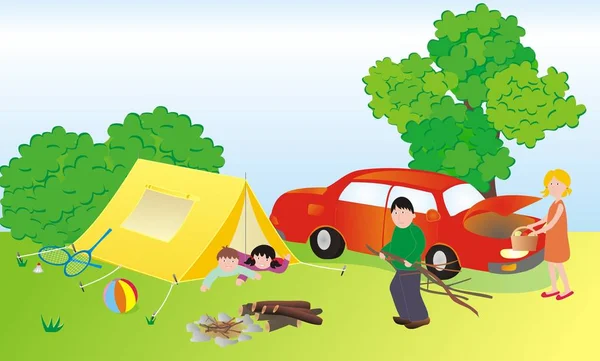 Camping Familj Tält Vektor Illustration — Stock vektor