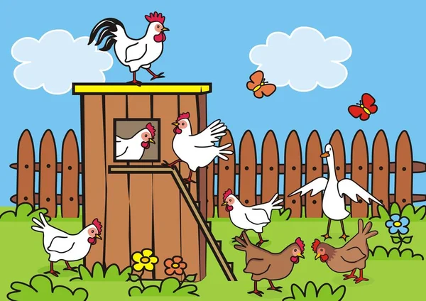 Arka bahçedeki kümes ve kümes hayvanları, vektör illüstrasyon.
