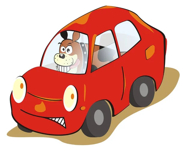 Red Car Dog Humorous Vector Illustration — Stock Vector