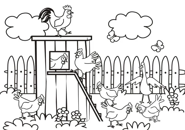 Pollaio Pollame Nel Cortile Libro Colorare Bambini Illustrazione Vettoriale — Vettoriale Stock