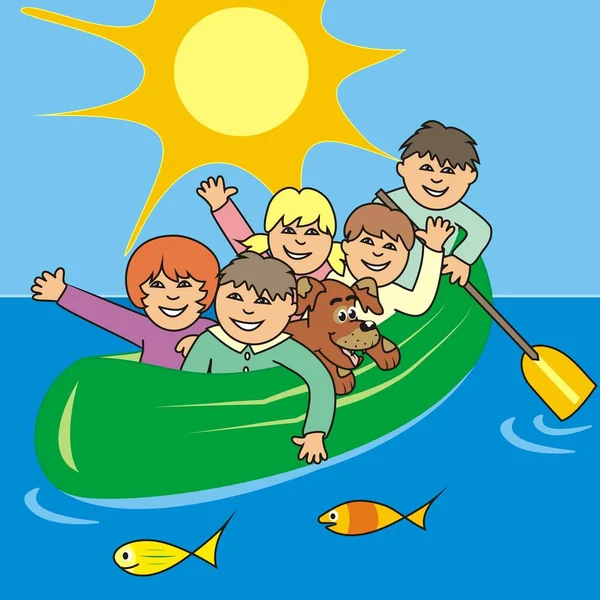 Children Canoe Background Sky Sun Vector Illustration — 스톡 벡터