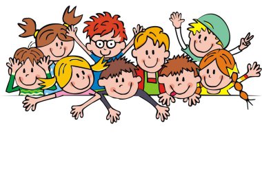 Geniş bir grup çocuk, afiş, komik vektör illüstrasyonu