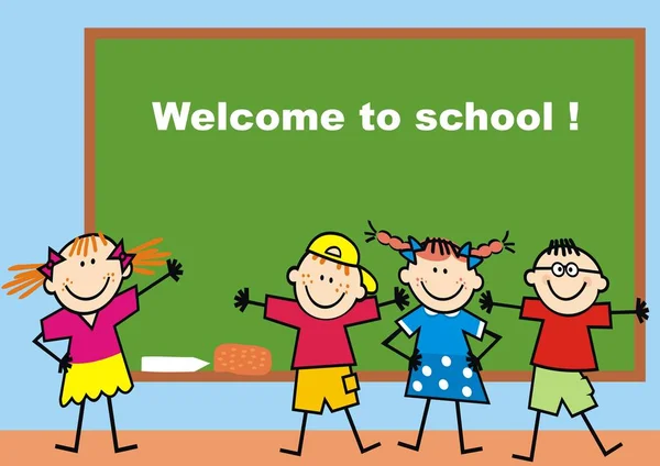 Τέσσερα Παιδιά Σχολείο Μπροστά Από Chalkboard Αστεία Διανυσματική Απεικόνιση — Διανυσματικό Αρχείο