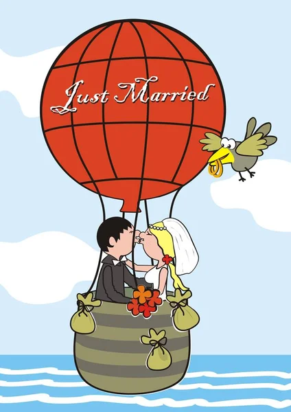 Casado Jovem Casal Voa Balão Fundo Está Mar Céu Ilustração —  Vetores de Stock