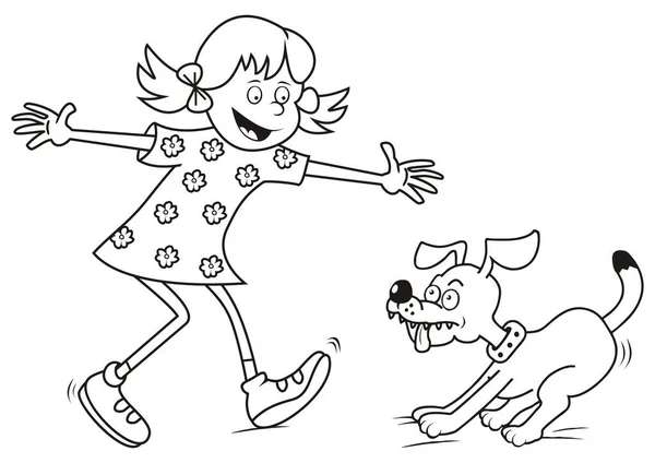 Девушка Собака Улыбающаяся Векторная Иллюстрация Раскраска Книги Девушка Играет Своей — стоковый вектор