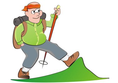 Dağlarda yürüyüşçü, bir kişi, komik vektör çizimi.