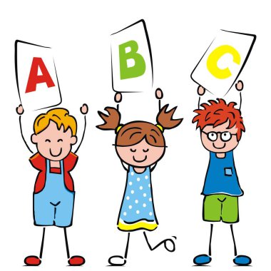 Üç mutlu çocuk ve Abc harfleri, vektör simgesi