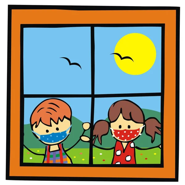 Små Barn Med Respiratorer Utanför Fönstret Vektor Illustration — Stock vektor