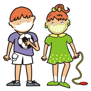 Two small children with sports equipment, boy and girl at protective mask. Color vector illustration on white background. clipart