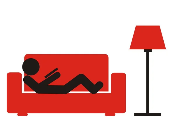 Persona Sofá Relajante Cerca Libro Icono Vector Rojo Negro Ilustración — Archivo Imágenes Vectoriales