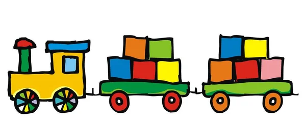Spielzeug Lokomotive Wagen Und Würfel Farbige Doodle Illustration Folge — Stockvektor