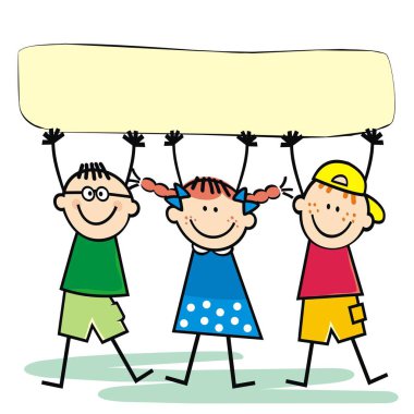 Baner ile gülümseyen üç çocuk, iki erkek ve bir kız, komik vektör çizimi