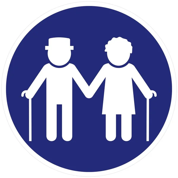 高齢者のカップル 棒を持つ男と女 青い円の背景に2人の白いシルエット — ストックベクタ