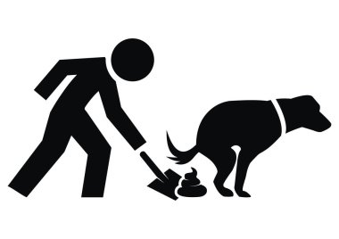 Köpeğinizden kaka toplayın. Kürek salgılayan kişi. Siyah vektör illüstrasyonu.