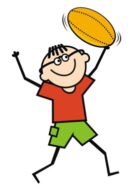 Ragbi, genç adam ve top, komik vektör çizimi