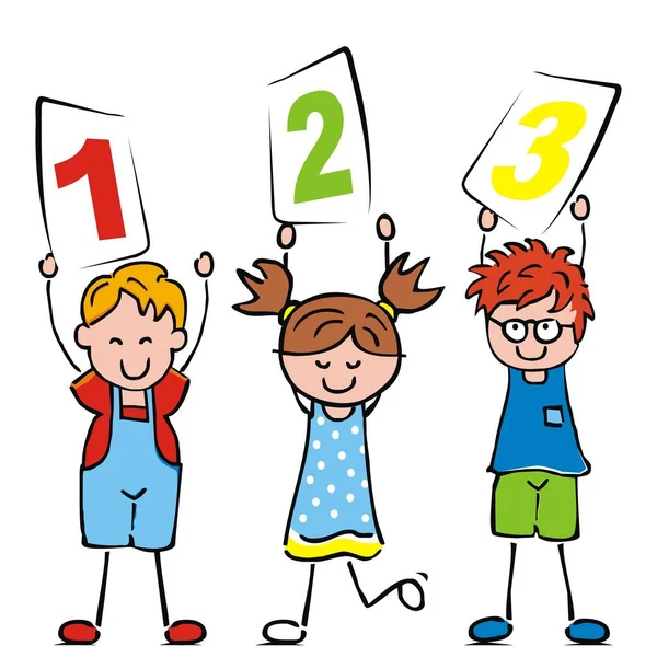 Három Kis Iskolás Gyerekek Számokkal Boldog Vektor Illusztráció — Stock Vector