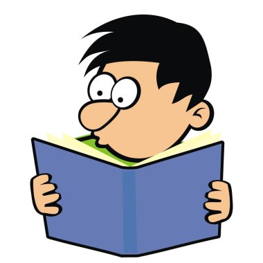 Kitaplı çocuk, komik vektör çizimi