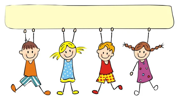 Cuatro Niños Felices Bandera Ilustración Conceptual Vector Divertido — Vector de stock