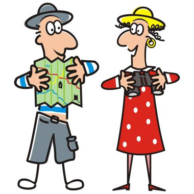 Erkek ve bayan, turist, harita ve dürbün vektör simgesi