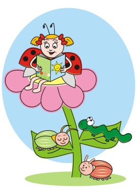 Çiçekli böceklerle ilgili kitabı olan uğur böceği, komik vektör çizimi