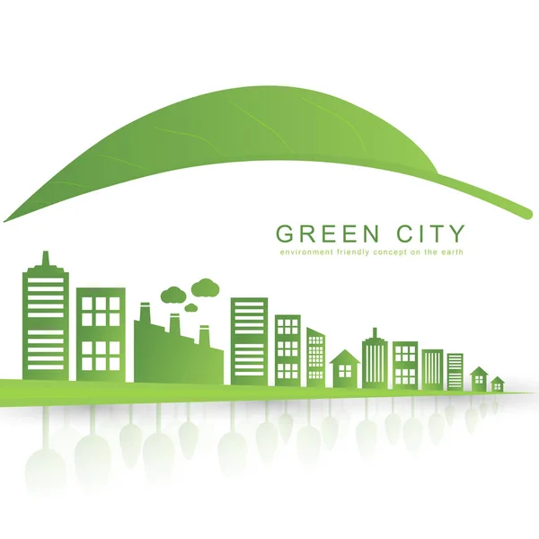 Isolados edifícios da cidade em folha verde design — Vetor de Stock