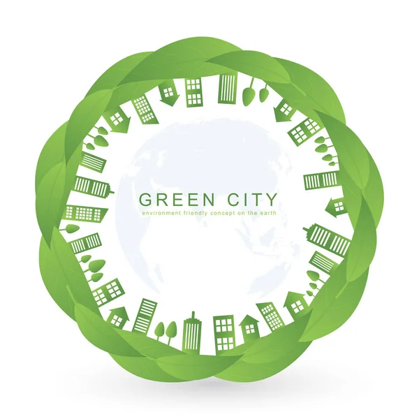 Isolados edifícios da cidade em folha verde design — Vetor de Stock