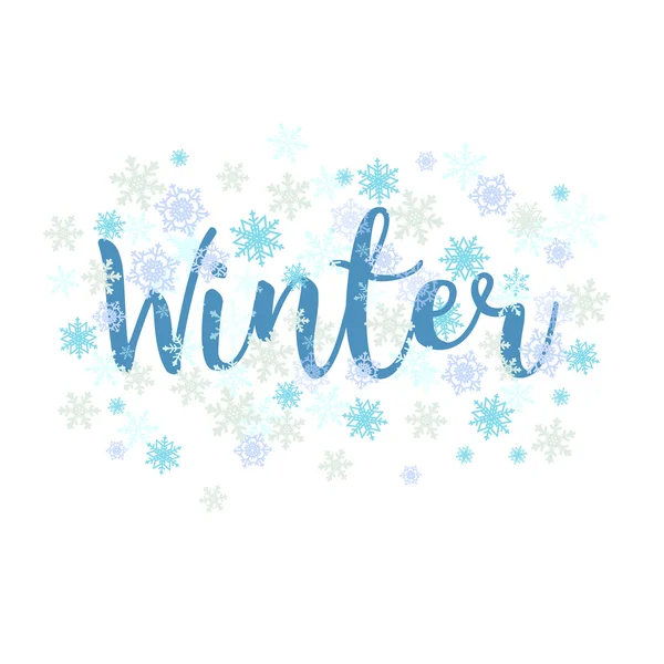 Winter. Kalligrafie tekst en sneeuwvlokken. — Stockvector