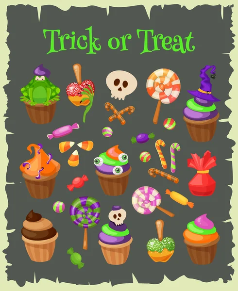 Süßes oder Saures. traditionelle Süßigkeiten und Bonbons zu Halloween. Halloween Bonbons isoliert auf weißem Hintergrund. Vektorillustration im Retro-Cartoon-Stil. — Stockvektor