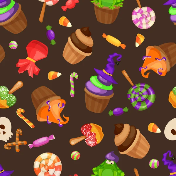 Halloween godis sömlösa mönster. Textur med sötsaker, godis majs och pumpor på svart bakgrund. Vektorillustration — Stock vektor