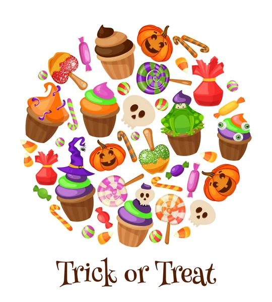 Trick or Treat. Traditional sweets and candies for holiday Halloween. Halloween candies isolated on white background. Retro cartoon style vector illustration. — Stock Vector