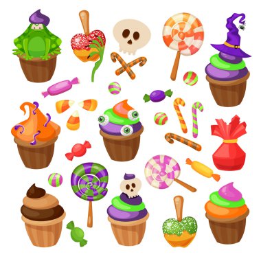 Hediye ver yoksa karışmam. Geleneksel tatlılar ve şekerler tatil Cadılar Bayramı için. Beyaz arka plan üzerinde izole Cadılar Bayramı şekerleri. Retro karikatür tarzı vektör çizim.