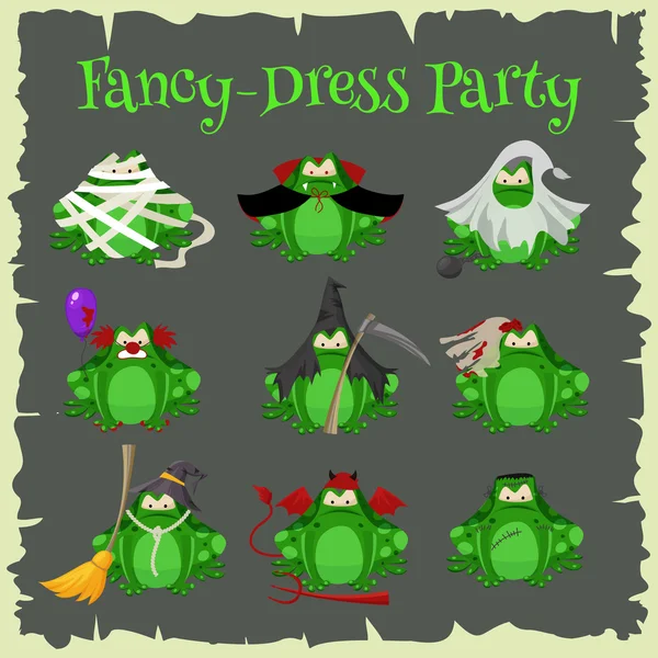 Trajes de disfraces de moda de sapos verdes Halloween. Ilustración vectorial estilo caricatura aislado sobre fondo blanco — Vector de stock
