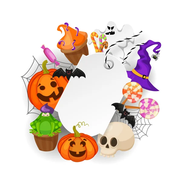 Tag regalo di Halloween con albero autunnale, pipistrelli, caramelle, ragni, zucche e fantasmi su sfondo bianco. Perfetto per gli auguri di vacanza — Vettoriale Stock