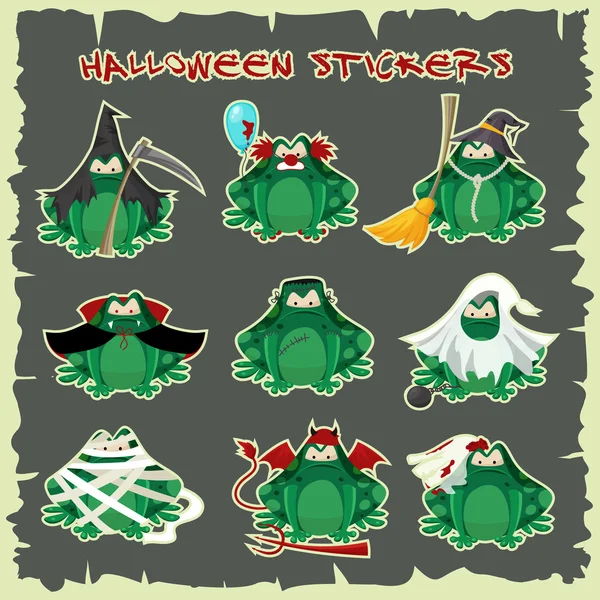 Adesivi Halloween rospi verdi abiti costume di moda. Illustrazione vettoriale stile cartone animato isolato su sfondo bianco — Vettoriale Stock