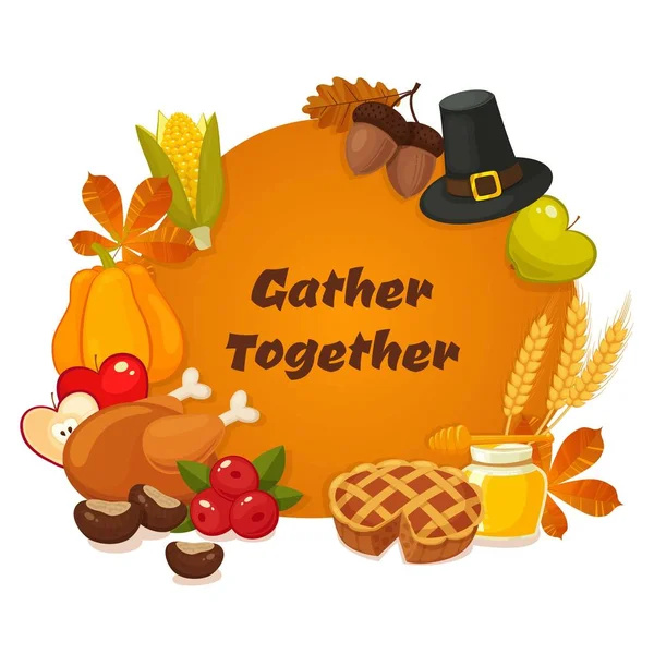 幸せな感謝祭の日。ベクター バナー伝統的なテーブルとたくさんの食品、七面鳥のロースト、かぼちゃ、果物と野菜の宝庫。感謝祭グリーティング カードの装飾 — ストックベクタ