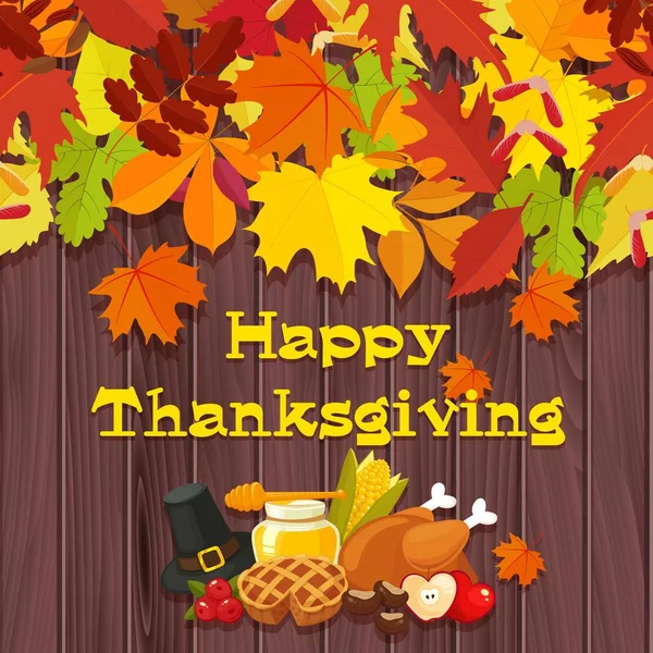 Joyeuse fête de Thanksgiving. Bannière vectorielle avec table traditionnelle beaucoup de nourriture, dinde rôtie, maïs avec citrouilles, fruits et légumes. Décoration pour cartes de vœux thanksgiving Vecteurs De Stock Libres De Droits