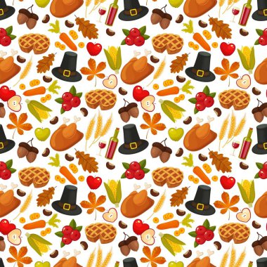 Duası gün kesintisiz arka plan. Beyaz arka plan üzerinde tatil tasarımı için şükran günü ve aile gelenekleri elementlerin sembolleri. Retro karikatür tarzı vektör çizim