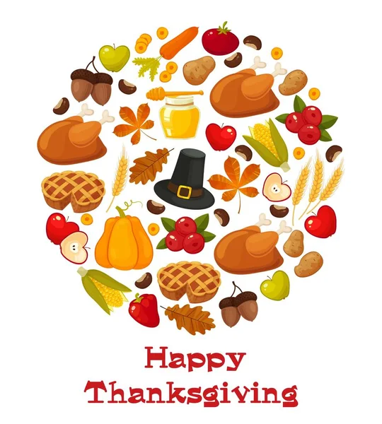 幸せな感謝祭の日。ベクター バナー伝統的なテーブルとたくさんの食品、七面鳥のロースト、かぼちゃ、果物と野菜の宝庫。感謝祭グリーティング カードの装飾 — ストックベクタ