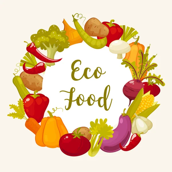 Eco mat Typografiska affisch med rund dekorativ ram består av grönsaker vektorillustration — Stock vektor