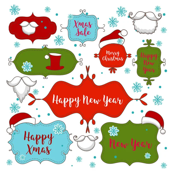 Collezione di ornamenti natalizi ed elementi decorativi, cornici vintage, etichette, adesivi e nastri — Vettoriale Stock