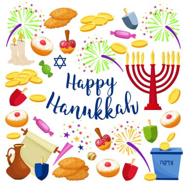 Yahudi tatil Hanukkah Icons set. Vektör çizim