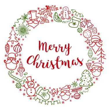 Noel tebrik kartı Noel Baba ve Noel ağacı ile el çekilmiş