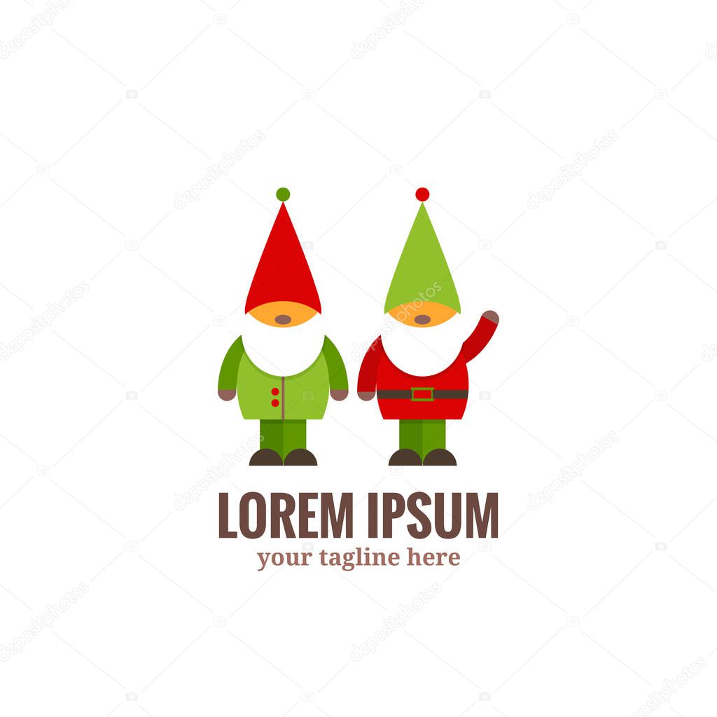 Garden tools logo.Cute cartoon garden gnomes in red and green clothes. Vector Illustration