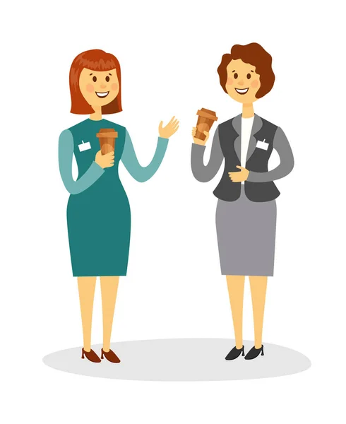 Two colleagues drinking coffee and talking in the office. Two smiling women are drinking coffee in the workplace. Vector illustration. — Stock Vector